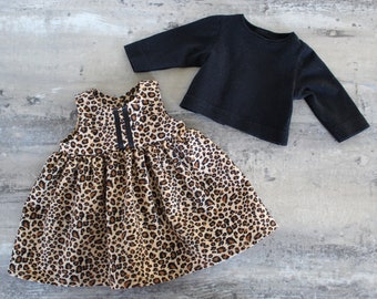 Leopard Print Corduroy Doll Jumper & Black Knit Shirt, 2 Piece Outfit, Fits Bitty Baby or Twin and 14, 15, or 16 inch Baby Doll