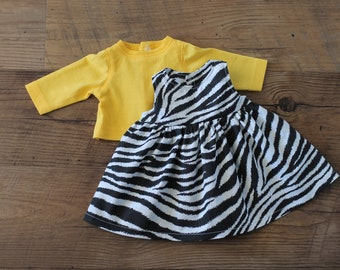 Zebra Print Doll Jumper & Yellow Knit Shirt, 2 Piece Outfit, Fits Bitty Baby or Twin and 14, 15, or 16 inch Baby Doll