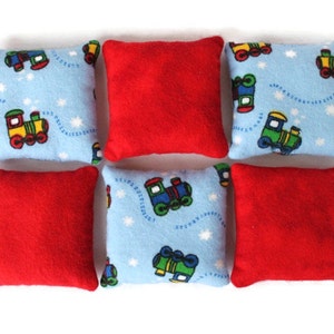 Bean Bags Light Blue Train & Red Flannel Boys Toy Toss Game Party Favor set of 6 US Shipping Included image 1