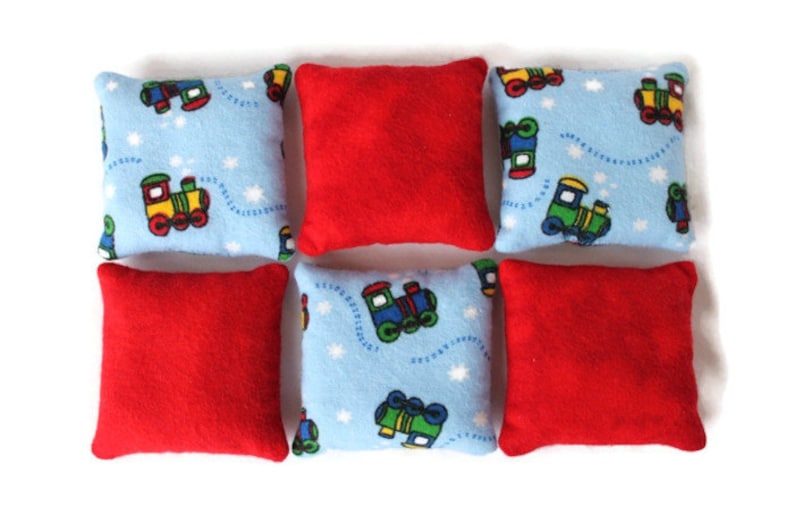 Bean Bags Light Blue Train & Red Flannel Boys Toy Toss Game Party Favor set of 6 US Shipping Included image 1