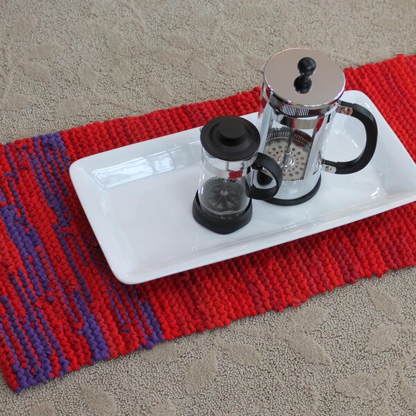 CUSTOM Knitted Table Runner (12 x 90), Upcycled T Shirts, Retro Aqua, Red, and Yellow, Country Kitchen Mat, Cottage Chic