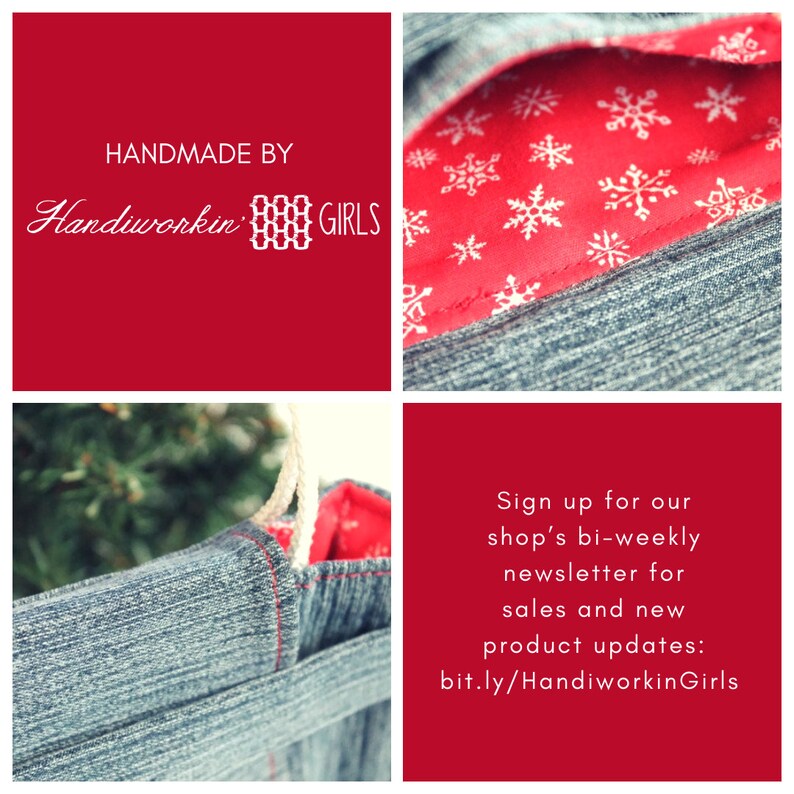 May include: A blue denim tote bag with a red lining and white snowflake pattern. The bag has a rope handle and the text "HANDMADE BY Handiworkin' GIRLS" is printed on the red background. The text "Sign up for our shop's bi-weekly newsletter for sales and new product updates: bit.ly/HandiworkinGirls" is printed on a red background.