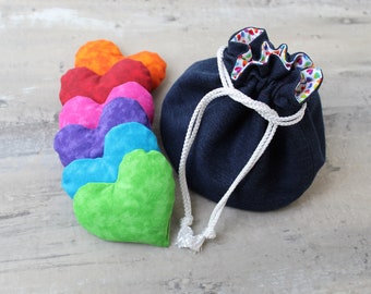 Bucket Bag Navy Denim & Rainbow Heart Print with Heart Shaped Bean Bags (set of 6) Party Game Children's Toy - US Shipping Included