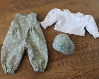 Gray & Mint Green Baby Doll Romper, 3 Piece Gift Set with Blouse, Romper, and Hat, Fits 12 to 13 inch Baby Doll