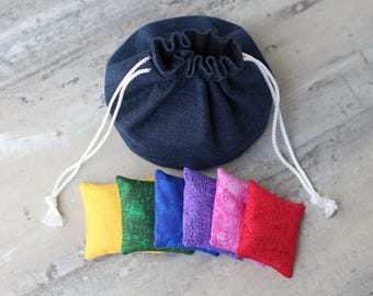 Denim Bucket Bag with Rainbow Bean Bags (set of 6): Kids Sensory Toy Gift