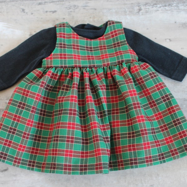 Christmas Green & Red Plaid Doll Jumper with Black Knit Shirt, 2 Piece Outfit, Fits Bitty Baby or Twin and 14, 15, or 16 inch Baby Doll