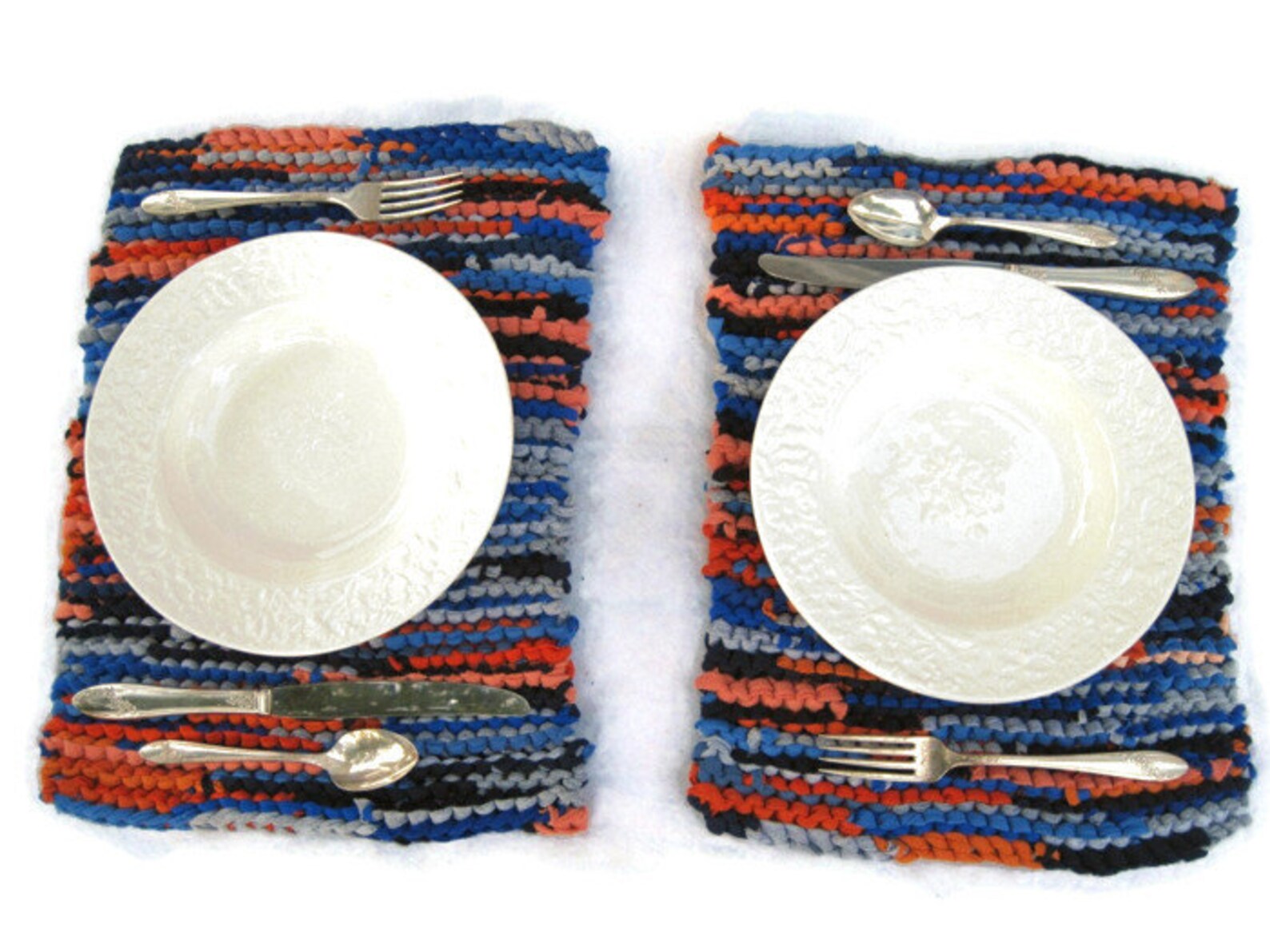 Knitted Placemats Upcycled T Shirts Navy Blue Orange Etsy