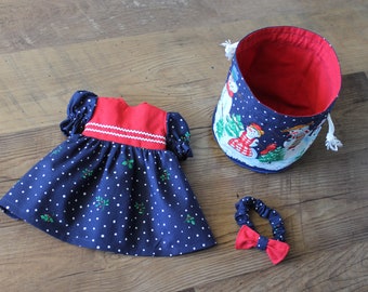 Christmas Baby Doll Dress, Navy Blue & Red, 3 Piece Gift Set with Dress, Headband, and Drawstring Bag, Fits 12 to 13 inch Baby Doll