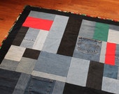 Christmas Throw Quilt, Denim with Black,  Red, & Forest Green, Santa Claus, Bears, Angels, Upcycled Blue Jeans, 50x70, Free US Shipping
