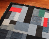 Christmas Throw Quilt, Denim met Zwart, Rood, & Forest Green, Santa Claus, Beren, Engelen, Upcycled Blue Jeans, 50x70, Gratis verzending naar de VS