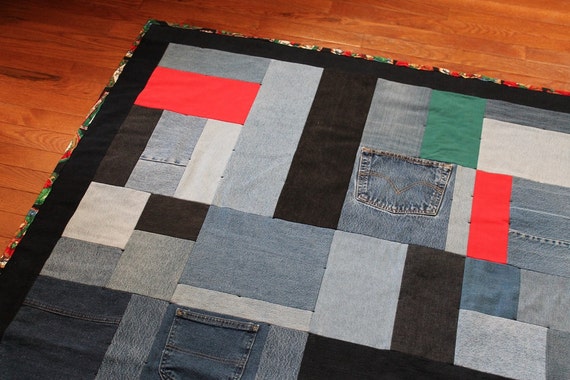 Upcycled Denim Christmas Throw Quilt, Santa, Bears, Angels (54x72)