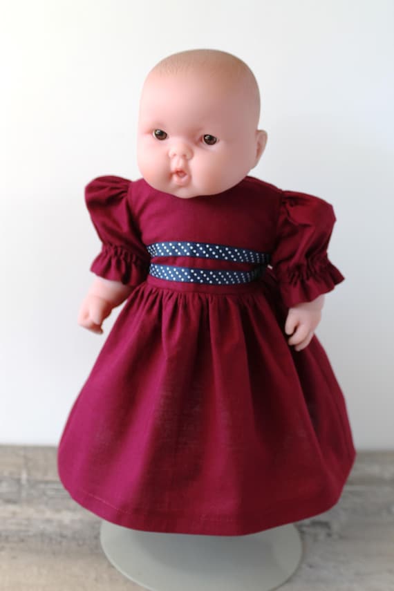 Handmade Dark Red Baby Doll Dress with Navy Ribbon, 12-13 inch