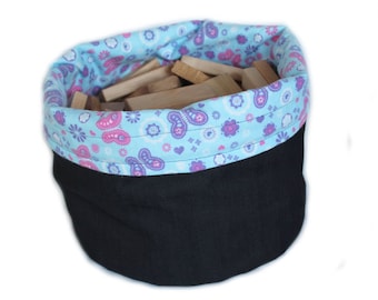 Girls Denim & Butterfly Flower Print Toy Bag, Pink Purple Flannel, Drawstring Bag, Homeschool Tote, Laundry, Extra-Large Bag