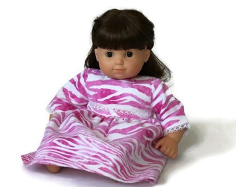 Pink Doll Nightie, Zebra Stripes Print, Flannel Pajamas, Nightgown, Fits Bitty Twin or 14 to 16 inch Baby Doll - US Shipping Included