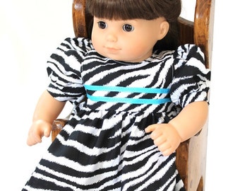 Doll Dress, Zebra Striped, Black & White, Turquoise, Birthday Party, Fits Bitty Twin or 14 to 16 inch Dolls, Doll Clothes, Free US Shipping