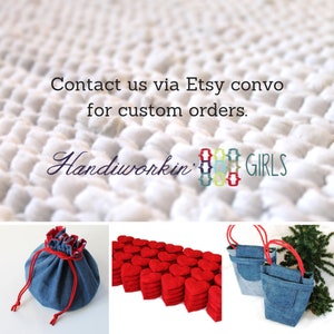 May include: A collection of denim bags with red drawstrings. The bags are made by "Handiworkin' Girls" and are available for custom orders. Contact the seller via Etsy convo.