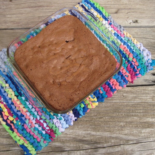 Knitted Kitchen Trivet Upcycled T Shirts Retro Rainbow Bright Teal Pink Blue Purple Green Cottage Chic Country -US Shipping Included