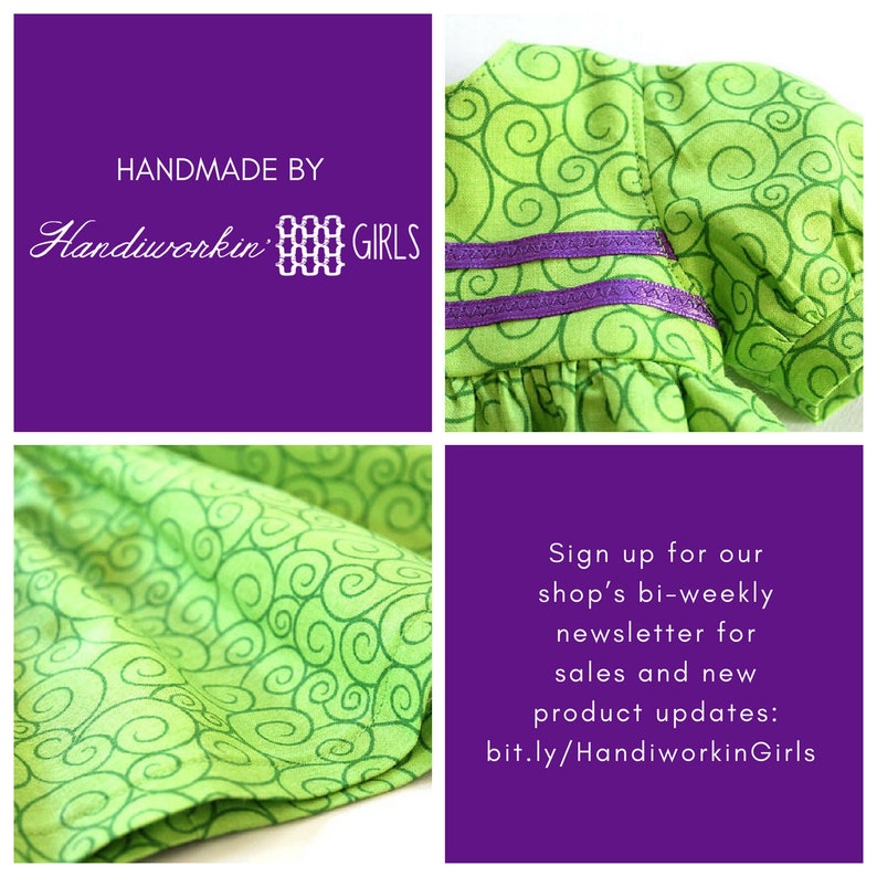 May include: A green dress with a swirl pattern and purple trim is shown. The image includes the text "HANDMADE BY Handiworkin GIRLS" on a purple background. There is also a call to action to sign up for the shop's newsletter.