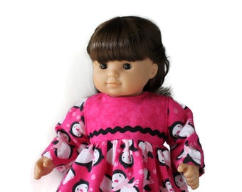 Doll Nightie, Pink Penguins, Black & White, Flannel Christmas Pajamas, Nightgown, Fits Bitty Twin or 14 to 16 in Baby Doll