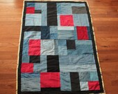 Blue Jeans Baby Quilt, Upcycled Denim, Construction, Yellow, Red, Black, Crib & Toddler, Throw Size, Boys, 38x54 in, Free US Shipping