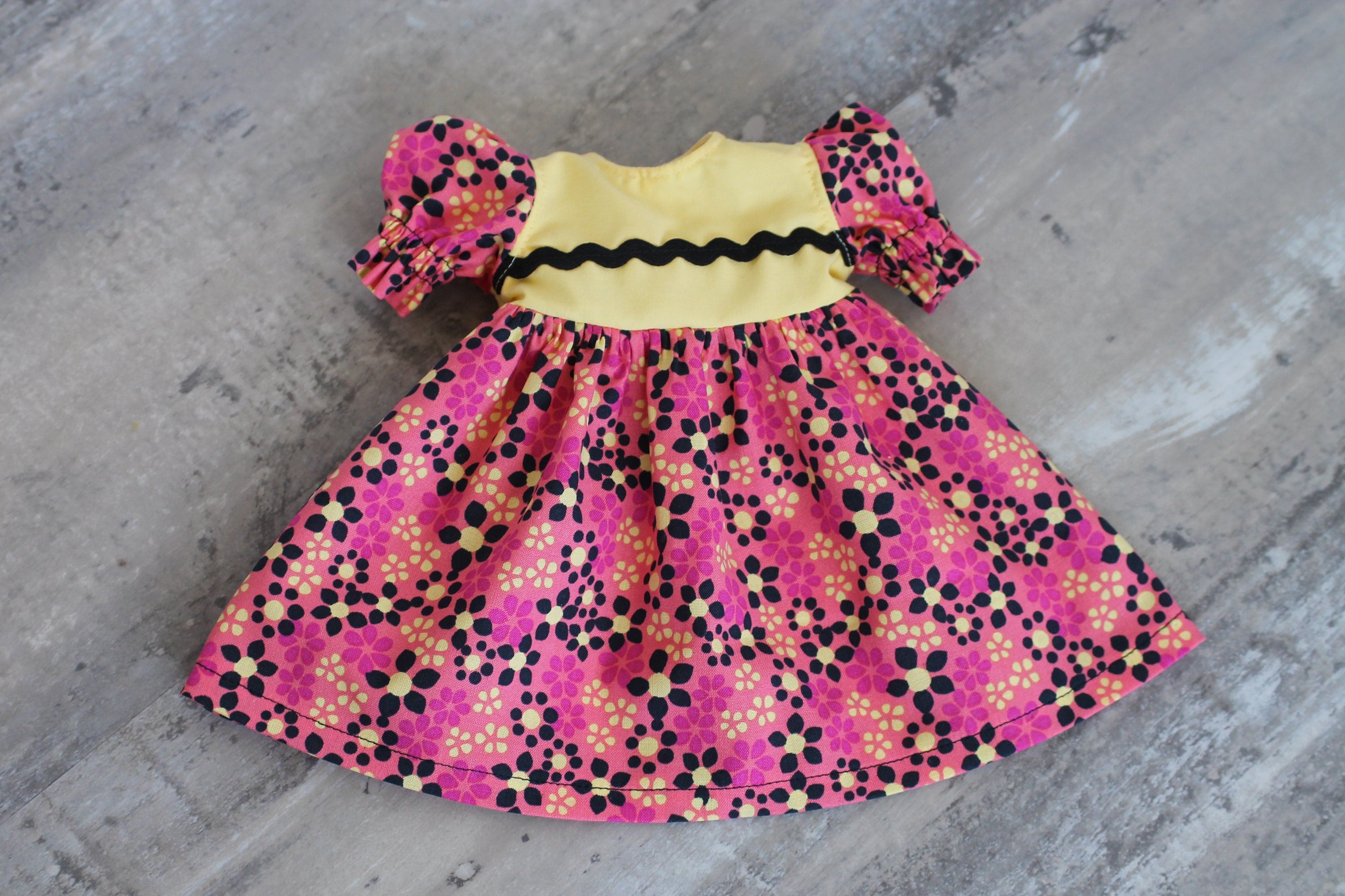 Pink & Yellow Flowered Baby Doll Dress, Handmade Cotton Doll Clothes, Fits 12 to 13 inch Baby Dolls