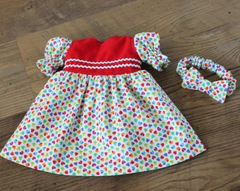 Rainbow Hearts Baby Doll Dress & Bow Headband Set, Fits 12-13 Inch Doll