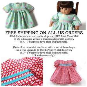 May include: Four doll dresses in different patterns and colours. One dress is green with a butterfly pattern, another is red with white flowers, and a third is red with white polka dots. The image also includes text: "FREE SHIPPING ON ALL US ORDERS."