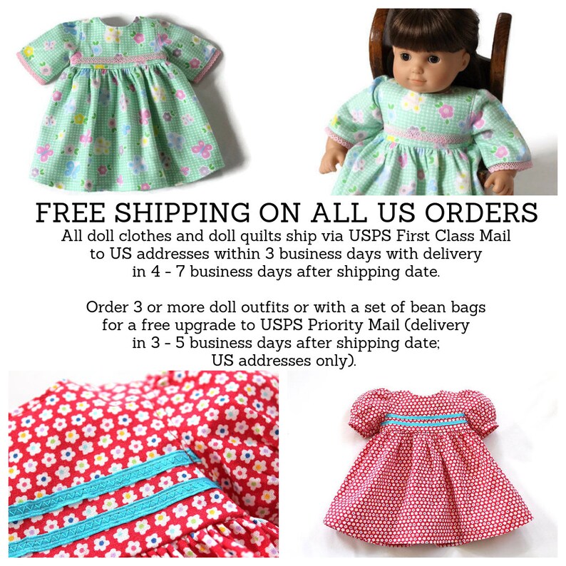 May include: Four doll dresses in different patterns and colours. One dress is green with a butterfly pattern, another is red with white flowers, and a third is red with white polka dots. The image also includes text: "FREE SHIPPING ON ALL US ORDERS."