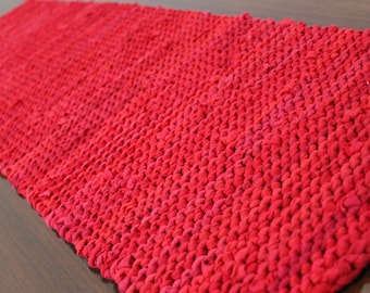 Bright Red Knitted Table Runner: Modern Country Upcycled T-Shirt Fabric (12x36)