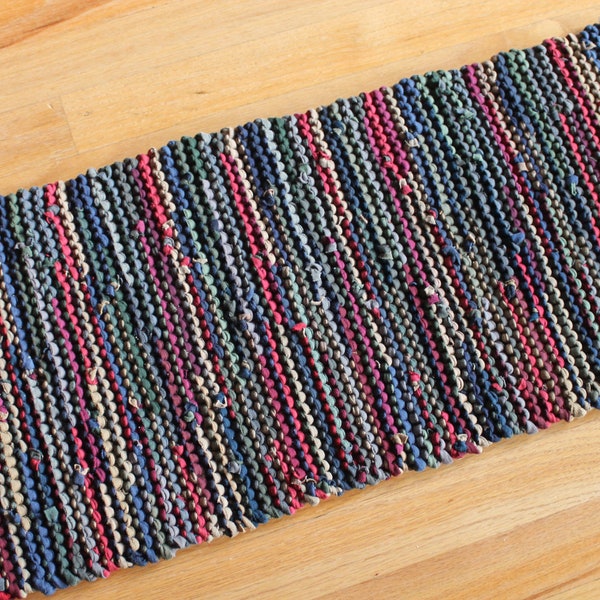 Knitted Table Runner, Rustic Autumn in Navy Blue, Tan, Green, and Burgundy, Cabin Decor, Upcycled TShirts, 12x36 inches, Free US Shipping