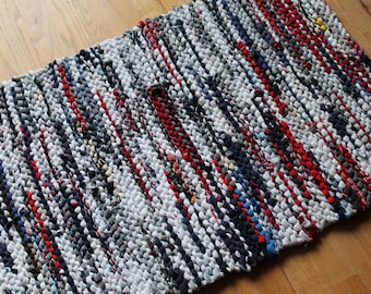 Red, White, & Blue Rag Rug, Utility Rug, Laundry, Workshop, Nautical, Upcycled T Shirts, Farmhouse, Rectangle, 22x33 in, Free US Shipping