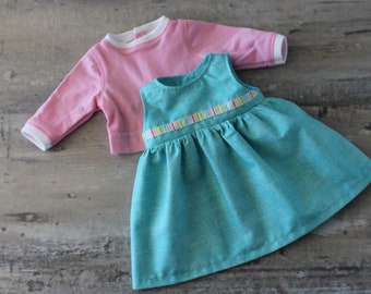 Aqua Doll Jumper with Light Pink Knit Shirt, 2 Piece Outfit, Fits Bitty Baby or Twin, 14 15 or 16 inch Baby Doll