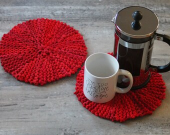 Crimson Red Round Knitted Trivets, Upcycled Cotton, Set of 2