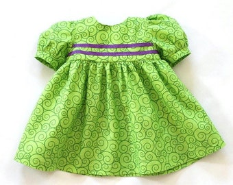 Lime Green Doll Dress, Purple Ribbon, Puffed Sleeves, Summer, Fits Bitty Twin or 14 to 16 inch Baby Doll --- US Shipping Included