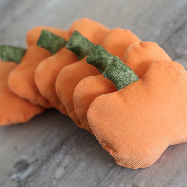 Pumpkin Shaped Bean Bags with Forest Green Stems (Set of 6), Orange Corduroy, 3 inch, Fall, Autumn, Kids Toss Toy -- US Shipping Included