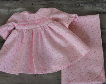 Pink Flannel Baby Doll Nightie with Matching Blanket (Fits 14 to 16 inch Dolls), Bitty Twin Doll Clothes, Gift for Girls, Free US Shipping