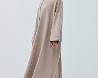 Beige Modal Abaya Set with Long Sleeve Dress, Elegant Turkish Modest Wear