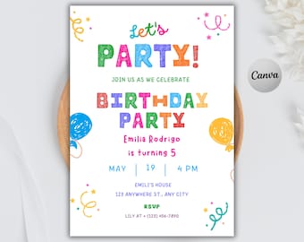 Simple Colorful Birthday Invitation, Kids Bday invite, Editable Canva Template