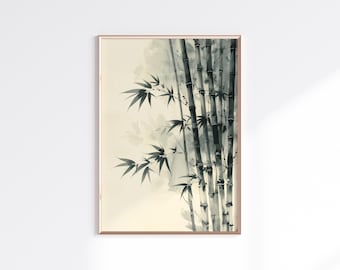 Impressão de bambu japonês | Arte de parede minimalista zen | Pintura Sumi-e com tinta (Download digital)