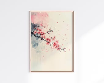 Sakura Cherry Blossom Art Print | Sumi-e Zen Wall Decor (Digital Download)