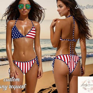 May include: A patriotic string bikini with a red, white, and blue design. The top features a star-spangled pattern on one side and red and white stripes on the other. The bottoms have vertical red and white stripes. The words "custom any request" are visible.