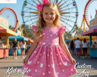 Personalized Mickey Kid Dress for Girls, Pink Disney Outfit, Custom Name Kid Birthday Vacation Wear