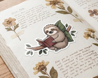 Sloth stickers on Leaf Branch book lover gift Vinyl Decal for Laptops, Journals, Cozy