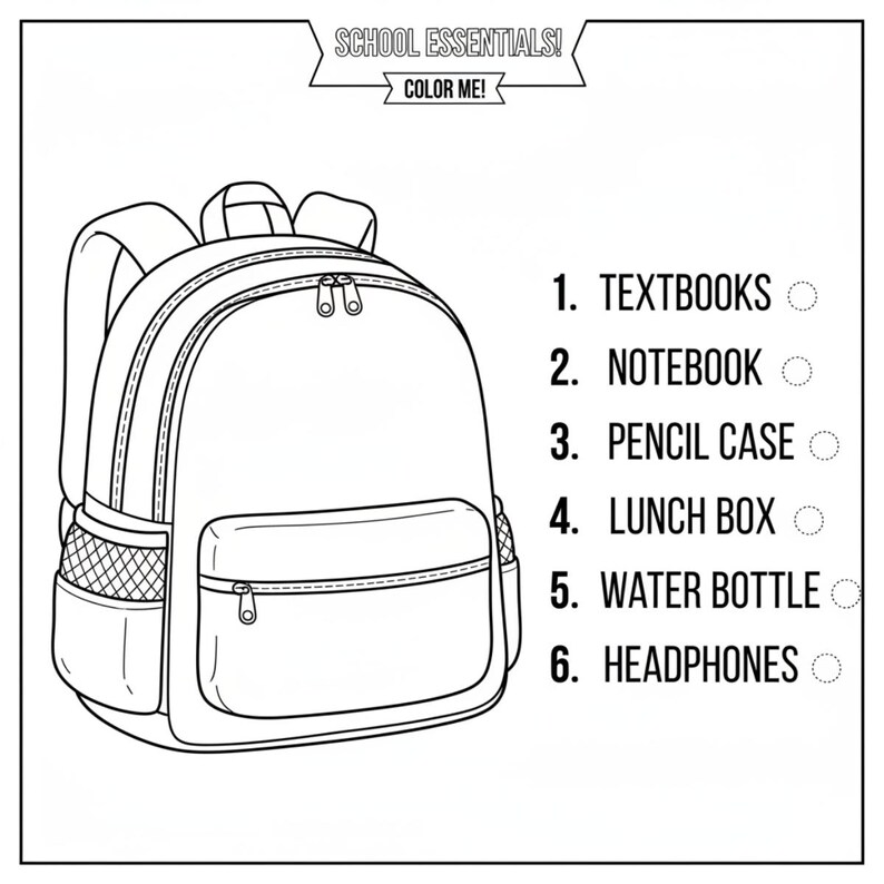 School Essentials Coloring Page, Backpack Supplies Activity, Back to ...