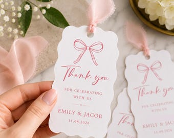 Etiquetas personalizadas para recuerdos de boda, etiquetas de agradecimiento con lazo rosa, etiquetas para recuerdos de despedida de soltera, etiquetas para bolsas de bienvenida de boda, etiquetas personalizadas para regalos de invitados.