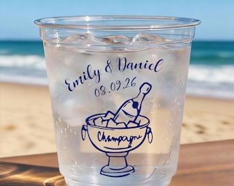 Vasos de plástico personalizados, vasos de boda personalizados, vasos para fiestas de compromiso, cristalería para bodas en la playa, brindis con champán, recuerdos para la recepción.
