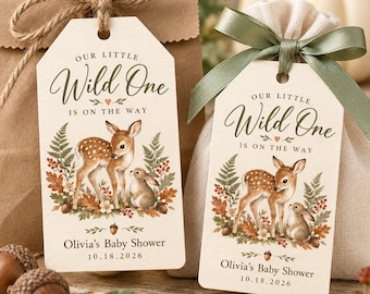 Personalized Woodland Baby Shower Favor Tags, Wild One Baby Shower Tags, Deer Bunny Favor Tags, Fall Baby Shower Favors, Forest Animal Tags