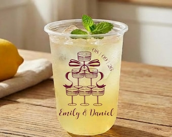 Vasos de plástico transparente personalizados, vasos personalizados para torre de champán como recuerdo de boda, cóctel de recepción, cena de ensayo de compromiso, aniversario.