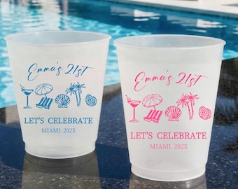Vasos de cumpleaños personalizados, vasos de plástico esmerilados personalizados para fiestas, vasos para fiestas de cumpleaños en la playa, vasos para fiestas en la piscina, recuerdos para viajes de chicas a Miami.