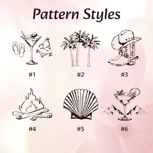 Puede incluir: Un gr&aacute;fico titulado Pattern Styles que muestra seis ilustraciones de color marr&oacute;n oscuro: #1 un c&oacute;ctel con chanclas, #2 tres palmeras, #3 un sombrero y bota de vaquero, #4 una fogata, #5 una concha marina y #6 una copa de margarita.